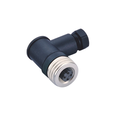 M12 A-coding Female Angled Connector, Field Wirable Assembly, Screw joint, Al-alloy Screw/Nut, Front fastened, Unshielded, PG9, Contacts: 4, IP67/IP68