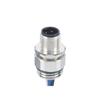M12 B-coding Male Straight Connector, Solder Panel Mount, Rear fastened, M16x1.5, Adjustable Nut, Unshielded, Contacts: 3, IP67/IP68