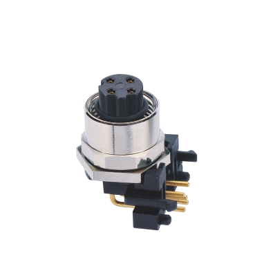 M12 B-coding Female Angled Connector, PCB Panel Mount, Front fastened, Unshielded, Contacts: 4, IP67 / IP68
