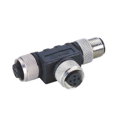 M12 T-Splitter, Female-Male-Female, B-coding, Contacts: 4, Shielded, IP67 / IP68