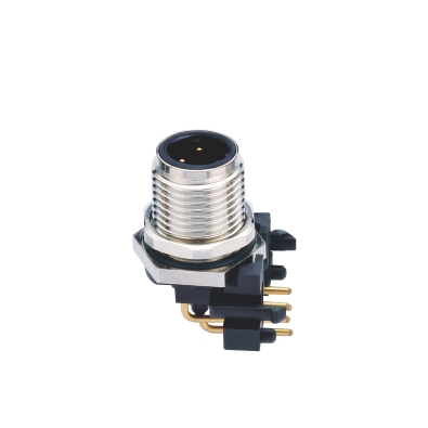 M12 B-coding Male Angled Connector, PCB Panel Mount, Front fastened, Unshielded, Contacts: 4, IP67 / IP68