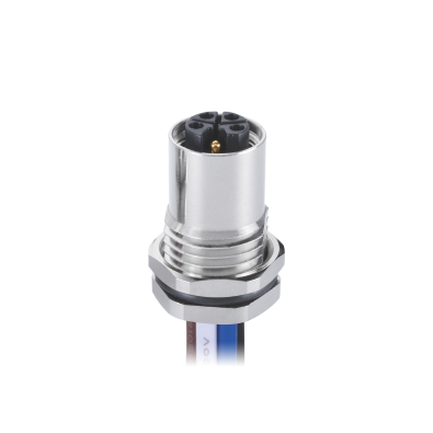 M12 L-coding Female Straight Connector, Crimp Panel Mount, Front fastened, M16x1.5, Unshielded, Contacts: 5, IP67 / IP68