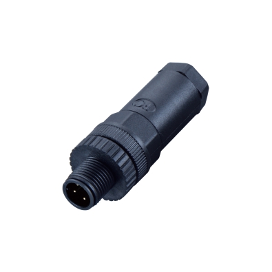 M12 A-coding Male Straight Connector, Field Wirable Assembly, Screw joint, Plastic, Front fastened, Unshielded, PG9, Contacts: 4, IP67/IP68
