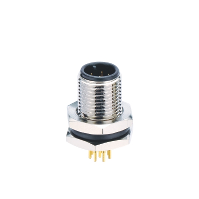 M12 A-coding Male Straight Connector, PCB Panel Mount, M12 thread Front fastened, Unshielded, Contacts: 5, IP67/IP68