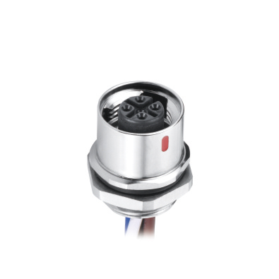 M12 A-coding Push-Pull Female Straight Connector, Solder Panel Mount, Rear fastened, Shielded, Contacts: 4, IP67