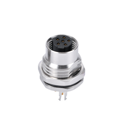 M12 C-coding Female Straight Connector, PCB Panel Mount, Front fastened, M16x1.5, With Double Earth Pin, Shielded, Contacts: 3, IP67/IP68