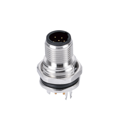 M12 C-coding Male Straight Connector, PCB Panel Mount, Front fastened, PG9, With Double Earth Pin, Shielded, Contacts: 3, IP67/IP68