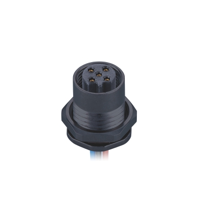 M12 B-coding Female Straight Connector, Plastic Solder Panel Mount, Front fastened, M15x1.0, Unshielded, Contacts: 3, IP67/IP68