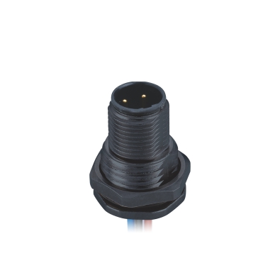 M12 B-coding Male Straight Connector, Plastic Solder Panel Mount, Front fastened, M15x1.0, Unshielded, Contacts: 4, IP67/IP68