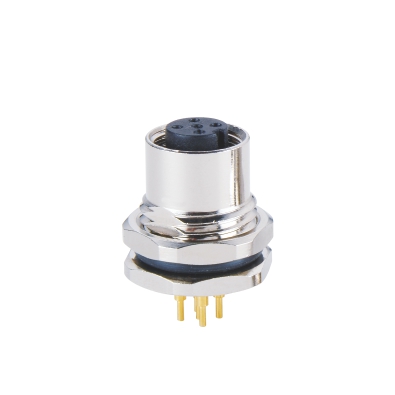 M12 A-coding Female Straight Connector, PCB Panel Mount, Front fastened, M16x1.5, Unshielded, Contacts: 5, IP67/IP68