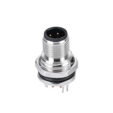 M12 B-coding Male Straight Connector, PCB Panel Mount, Front fastened, M16x1.5, With Double Earth Pin, Shielded, Contacts: 3, IP67/IP68