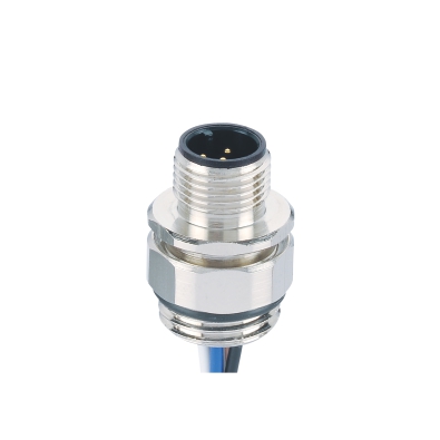 M12 A-coding Male Straight Connector, Solder Panel Mount, Rear fastened, PG9, Adjustable Nut, Unshielded, Contacts: 3, IP67/IP68
