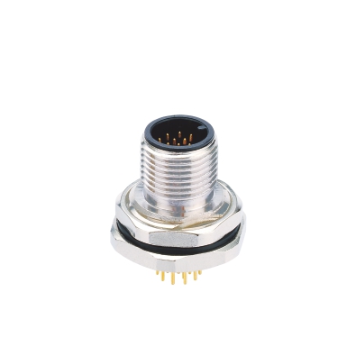 M12 A-coding Male Straight Connector, PCB Panel Mount, Front fastened, PG9, Unshielded, Contacts: 5, IP67/IP68