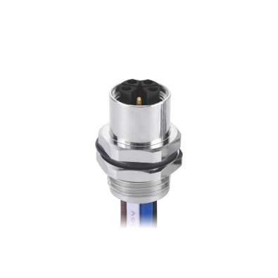 M12 K-coding Female Straight Connector, Crimp Panel Mount, Rear fastened, M16x1.5, Unshielded, Contacts: 5, IP67 / IP68
