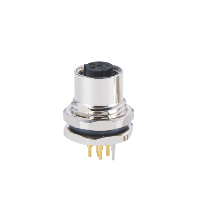 M12 C-coding Female Straight Connector, PCB Panel Mount, Front fastened, M16x1.5, With Earth Pin, Shielded, Contacts: 4, IP67/IP68