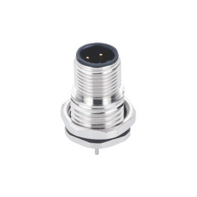M12 B-coding Male Straight Connector, PCB Panel Mount, Front fastened, M16x1.5, With Circular Earth Pin, Shielded, Contacts: 4, IP67/IP68