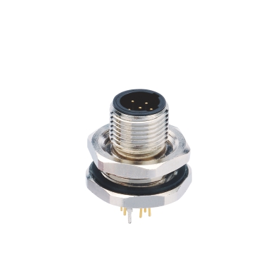 M12 C-coding Male Straight Connector, PCB Panel Mount, Front fastened, PG9, With Earth Pin, Shielded, Contacts: 4, IP67/IP68