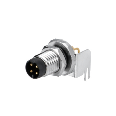 M8 Male P-coding Angled Connector, PCB Panel Mount, Front fastened, Contacts: 4, Shielded, IP67