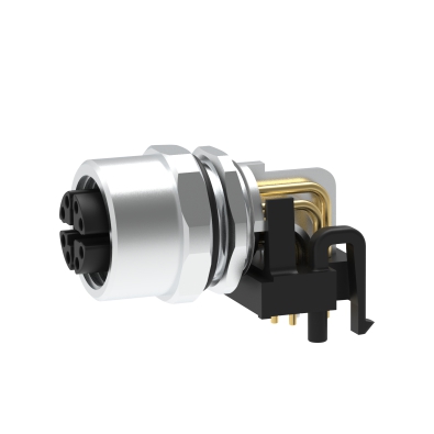 M12 X-coding Female Angled Connector, PCB Panel Mount, Rear fastened, Shielded, Contacts: 8, IP67 / IP68