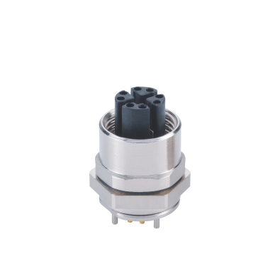 M12 X-coding Female Straight Connector, PCB Panel Mount, Rear fastened, Shielded, Contacts: 8, IP67 / IP68