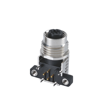 M12 D-coding Angled Connector, PCB Panel Mount, Front fastened, With Fixed Holes, Shielded Shell, Contacts: 4, IP20