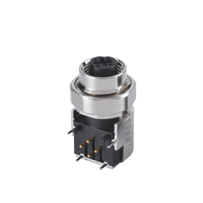 M12 D-coding Angled Connector, PCB Panel Mount, Front fastened, Without Fixed Holes, Shielded Shell, Contacts: 4, IP20