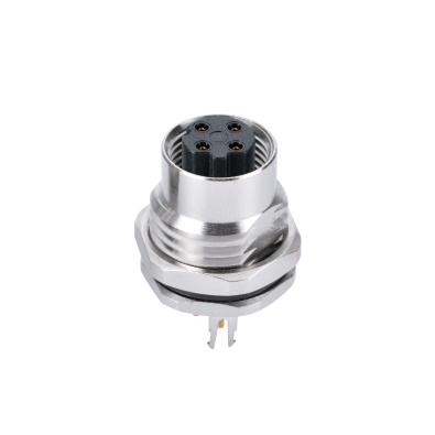 M12 D-coding Female Straight Connector, PCB Panel Mount, Front fastened, With Double Earth Pin, PG9, Shielded, Contacts: 4, IP67 / IP68