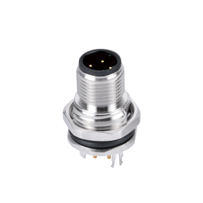 M12 D-coding Male Straight Connector, PCB Panel Mount, Front fastened, With Double Earth Pin, PG9, Shielded, Contacts: 4, IP67 / IP68