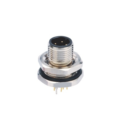 M12 D-coding Male Straight Connector, PCB Panel Mount, Front fastened, With Earth Pin, PG9, Shielded, Contacts: 4, IP67 / IP68