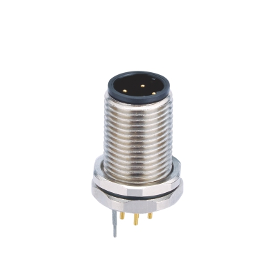 M12 D-coding Male Straight Connector, PCB Panel Mount, Front fastened, Shielded, Contacts: 4, IP67 / IP68