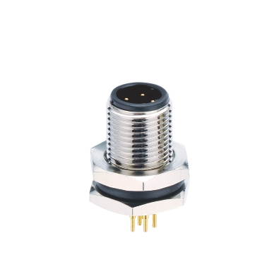 M12 D-coding Male Straight Connector, PCB Panel Mount, Front fastened, Unshielded, Contacts: 4, IP67 / IP68