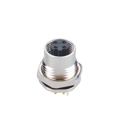 M12 D-coding Female Straight Connector, PCB Panel Mount, Die-cast Screw, Front fastened, With Earth Pin, PG9, Shielded, Contacts: 4, IP67 / IP68