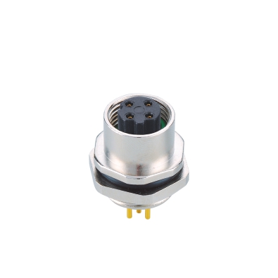 M12 D-coding Female Straight Connector, PCB Panel Mount, Die-cast Screw, Rear fastened, PG9, Unshielded, Contacts: 4, IP67 / IP68