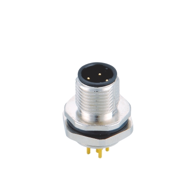 M12 D-coding Male Straight Connector, PCB Panel Mount, Die-cast Screw, Rear fastened, PG9, Unshielded, Contacts: 4, IP67 / IP68