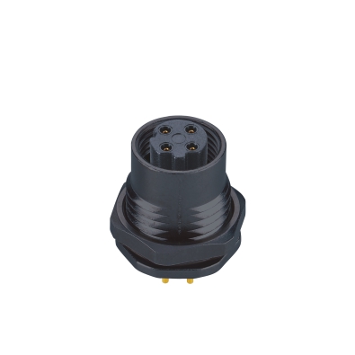 M12 D-coding Female Straight Connector, Plastic PCB Panel Mount, Front fastened, M15x.1.0, Unshielded, Contacts: 4, IP67 / IP68