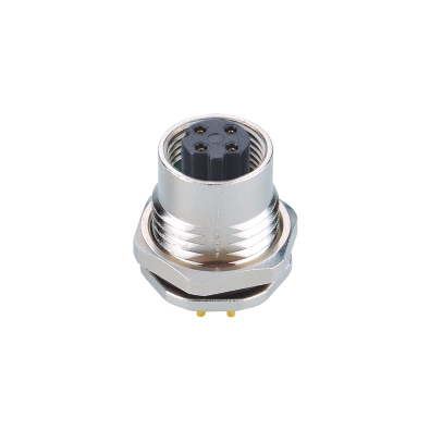 M12 D-coding Female Straight Connector, PCB Panel Mount, Die-cast Screw, Front fastened, PG9, Unshielded, Contacts: 4, IP67 / IP68