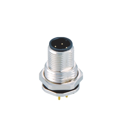 M12 D-coding Male Straight Connector, PCB Panel Mount, Die-cast Screw, Front fastened, PG9, Unshielded, Contacts: 4, IP67 / IP68