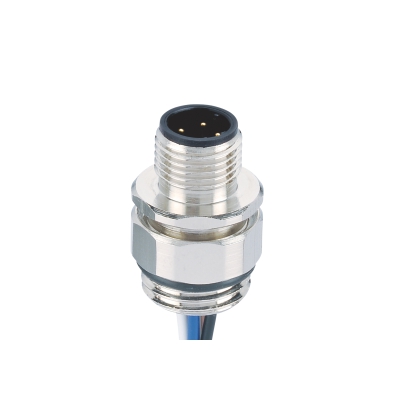 M12 D-coding Male Straight Connector, Solder Panel Mount, Rear fastened, PG9, Adjustable Nut, Unshielded, Contacts: 4, IP67 / IP68