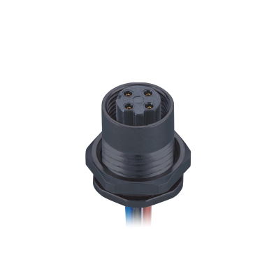 M12 D-coding Female Straight Connector, Plastic Solder Panel Mount, Front fastened, M15x1.0, Unshielded, Contacts: 4, IP67 / IP68