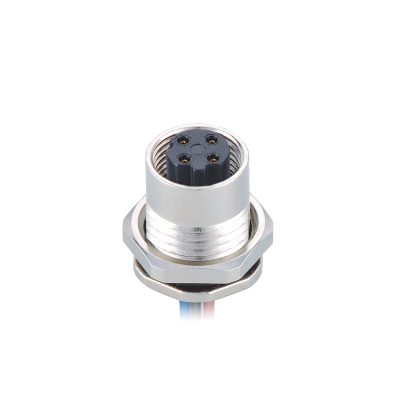 M12 D-coding Female Straight Connector, Solder Panel Mount, Die-cast Screw, Front fastened, PG9, Unshielded, Contacts: 4, IP67 / IP68
