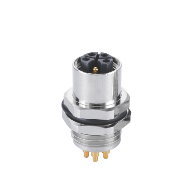 M12 L-coding Female Straight Connector, PCB Panel Mount, Rear fastened, PG9, Unshielded, Contacts: 5, IP67 / IP68
