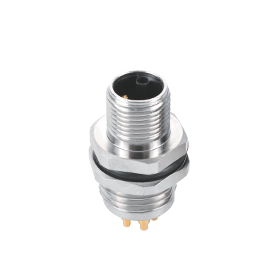 M12 L-coding Male Straight Connector, PCB Panel Mount, Rear fastened, PG9, Unshielded, Contacts: 5, IP67 / IP68