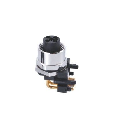 M12 T-coding Female Angled Connector, PCB Panel Mount, Front fastened, Shielded, Contacts: 4, IP67/IP68
