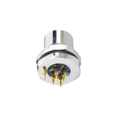 M12 C-coding Female Straight Connector, PCB Panel Mount, Front fastened, PG9, With Circular Earth Pin, Shielded, Contacts: 6, IP67/IP68