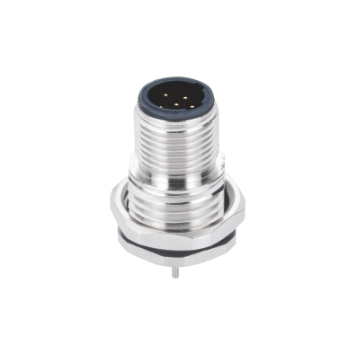 M12 C-coding Male Straight Connector, PCB Panel Mount, Front fastened, PG9, With Circular Earth Pin, Shielded, Contacts: 6, IP67/IP68