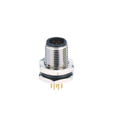 M12 C-coding Male Straight Connector, PCB Panel Mount, M12 thread Front fastened, Unshielded, Contacts: 6, IP67/IP68