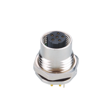 M12 C-coding Female Straight Connector, PCB Panel Mount, Die-cast Screw, Front fastened, PG9, With Earth Pin, Shielded, Contacts: 6, IP67/IP68
