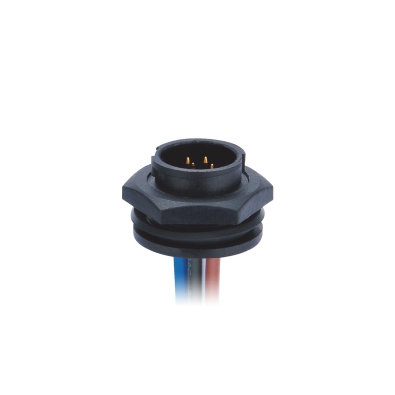 M12 Quick-lock Male Straight Connector, Solder Panel Mount, Front fastened, Unshielded, Contacts: 6, IP65/IP67/IP68