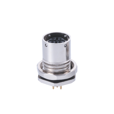 M12 A-coding Female Straight Connector, PCB Panel Mount, Push-pull, Front fastened, Shielded, Contacts: 5, IP67