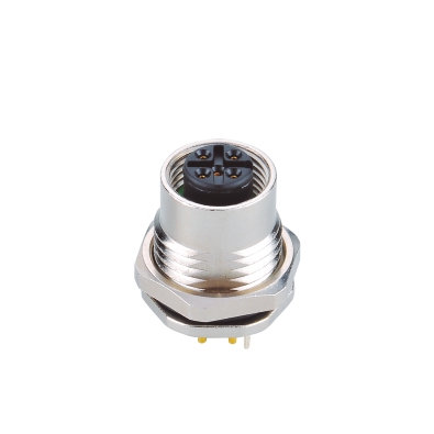 M12 A-coding Female Straight Connector, PCB Panel Mount, Die-cast Screw, Front fastened, With Earth Pin, PG9, Shielded, Contacts: 8, IP67/IP68
